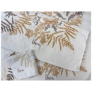 Vtg Vera Burlington Ivory Cotton Butterfly Floral (2) Bath Towels with Washcloth